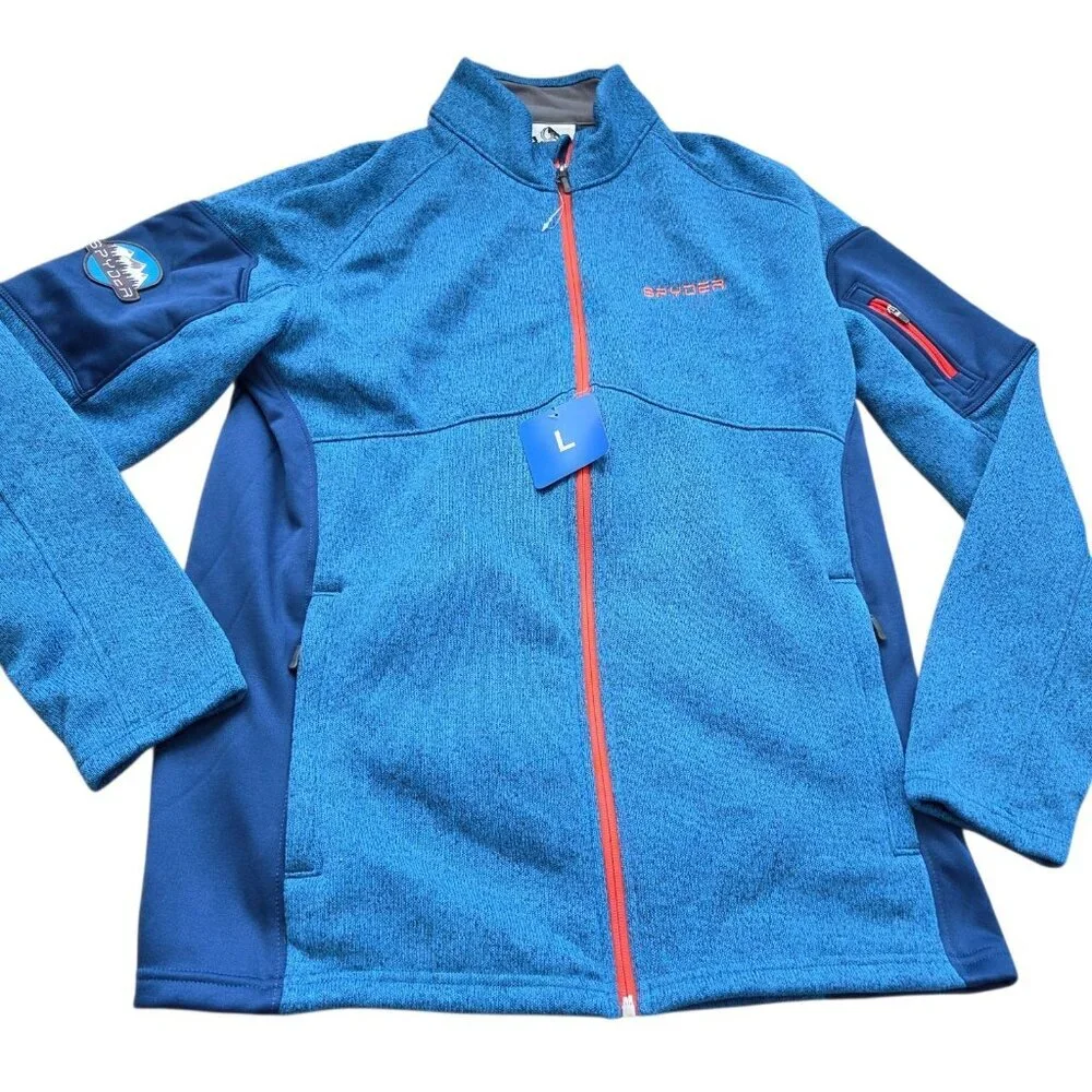 Spyder Empire Fleece Jacket Mens Large Full Zip Pockets Blue Orange Tag